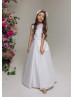 White Lace Satin Keyhole Back Flower Girl Dress